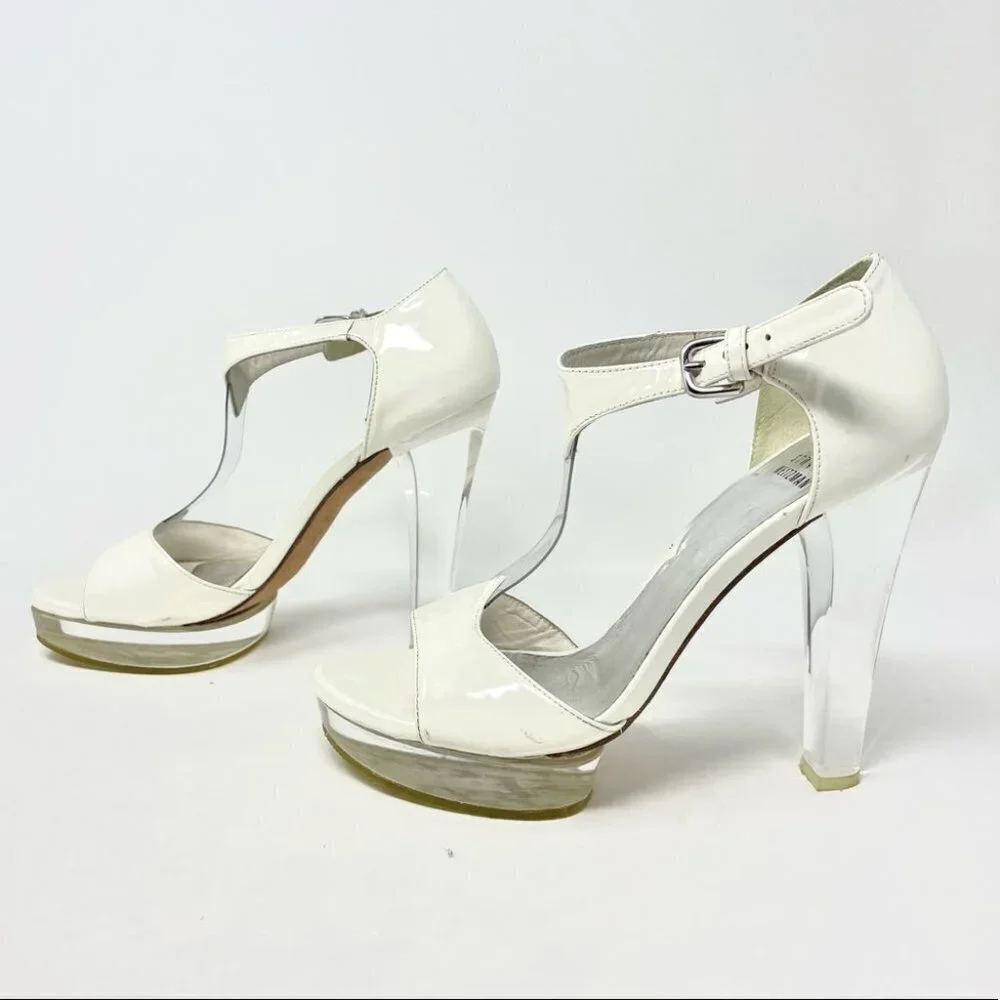 Stuart Weitzman White Patent Leather T Strap Perspex Platform Heels Size 7.5